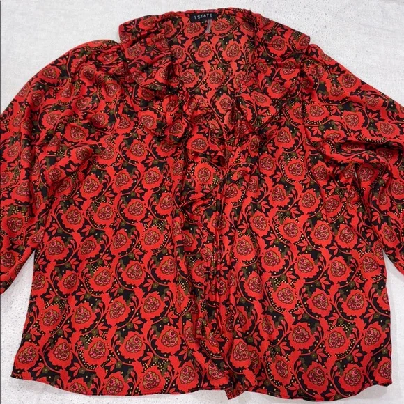 1. State Scarlet and Ebony Patterned Ruffle Blouse - Picture 13 of 13